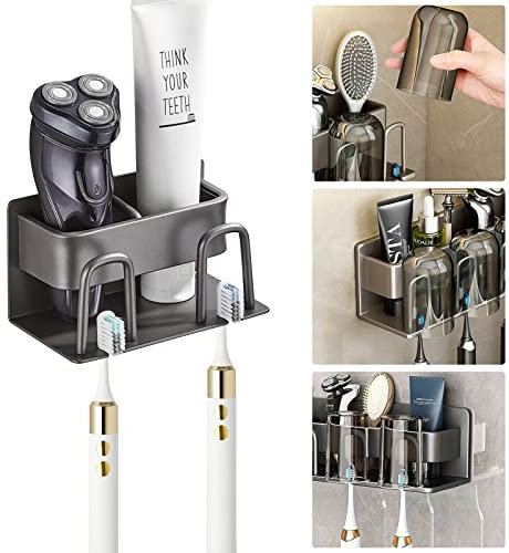 ZahnbüRstenhalter Zahnputzbecherhalter Zahnputzbecher Elektrische ZahnbüRste Toothbrush ZahnbüRsten Ohne Bohren Wand Holder Halterung Badezimmer Bad Bathroom Organizer, Grau