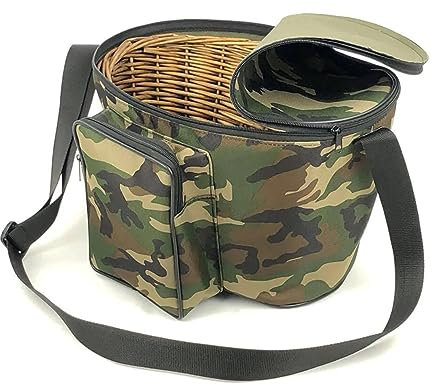 Capra Group Tracolla Mimetica Professionale per la Raccolta Funghi con cesta in Vimini, Misura 38x28x22 cm, con Rete sul Fondo per dispersione delle Spore