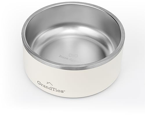 GrandTies Gamelle pour chien en acier inoxydable | Gamelle gravée réutilisable, sans BPA – Grande gamelle robuste antidérapante et anti-déversement (1,9 l, blanc ivoire)