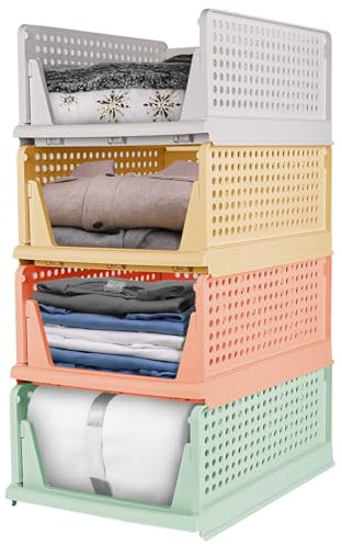 Glovios Kleiderschrank Organizer, 4 Stück Faltbar Stapelbarer Kleiderschrank, Lagerkisten Kleiderkasten Ordnungssystem, Wardrobe Organizer für Kleidung Küchen Schlafzimmer (Bunt)