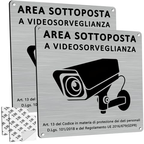 Cartello Area Videosorvegliata Alluminio, 2 Pezzi Cartello Videosorveglianza con Avviso GDPR, 15x15cm, Alluminio Spazzolato, Fori Preforati, con Adesivo 3M, per Casa e Negozio, Interno ed Esterno