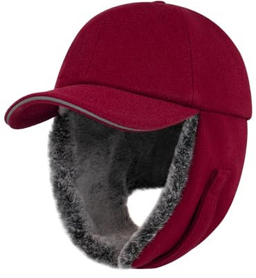 Gisdanchz Mütze mit Ohrenklappen Herren Damen, Winter Cap Basecap Wintermütze Herren mit Ohrenklappen, Schirmmütze Winter Ohrenschützer Fliegermütze Trappermütze, Burgund 58CM