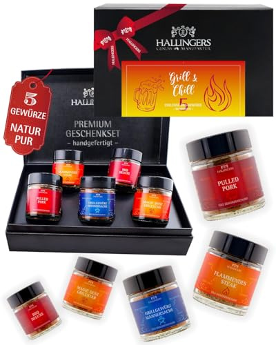 Hallingers Genuss Manufaktur Gewürz Geschenk-Set - 5 Gewürze aus aller Welt in wertiger Geschenkbox mit Rezept-Booklet Grill & Chill, Geschenkidee für Frauen Männer