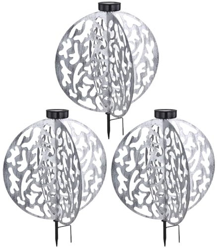 GLOBO Solarlampe Silber Terrassenleuchte Reto Außenlampe, LED Steckleuchte Gartendeko antik Balkon, Metall matt rund, 1x LED 3000K warmweiß, DxH 40x51cm, 3er Set