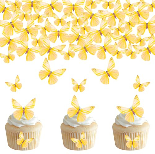 DazzJoy 72 Stück Schmetterlinge Tortendeko Essbar,Gelb Cake Topper Schmetterling,Schmetterling Essbare Tortendeko Gelb,Esspapier Torte Deko Geburtstag,Essbare Schmetterlinge für Torte Hochzeit