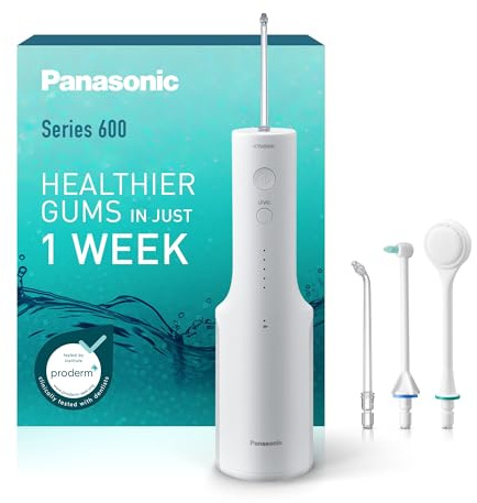 Panasonic Serie 600 Hydropulseur Dentaire Ultrasonique EW-DJ67-W303, Jet dentaire, 200ml, IPX7, 2 Embouts Standard, 1 Embout Orthodontique et 1 Embout pour la Langue, 5 Réglages de Pression, Blanc