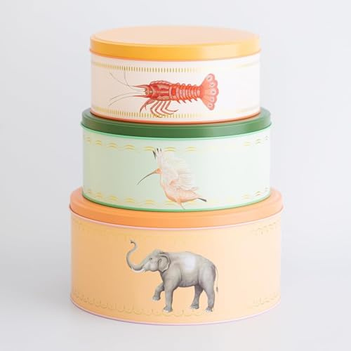 YVONNE ELLEN Lobster, Elephant & Bird Round Cake Tin Storage Set of 3 – Airtight Metal Cake Storage Tins with Lids, 19.5cm (S), 21.5cm (M) & 24.5cm (L), Large Food & Biscuit Storage Containers