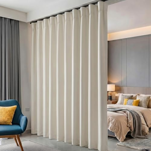 Hoeflife Room Divider Curtains Blackout Floor to Ceiling Curtain with Hook Wall Mount Sliding Door Curtains Ceiling Mount Extra Wide Curtain Wall Divider for Room Separation (Beige, W150 x H96 Inch)