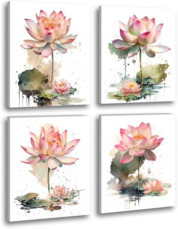 LNLAGBO Gerahmte Lotusblumen-Wandkunstdrucke, Lotusblüte, Leinwand, Wandkunst, Aquarell-Lotusblüte, Meditationsposter, rosa Lotus-Zen, Leinwand-Kunstdruck für Büro, Badezimmer, Raumdekoration, 4er-Set