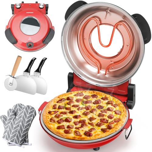 HomCozy Electric Pizza Oven Indoor with Glazed Ceramic Stone, 12-Inch Portable Countertop Pizza Maker with Adjustable Timer, 1200W Heat up to 800°F Pizza Maker with Viewing Window for Home DIY Pizza