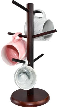 ADERTOS Soporte para Tazas de Madera, Soporte de Árbol Taza de Madera, Soporte para Tazas de Café con 6 Ganchos, Estante de Taza de Café, Portavasos de bambúpara Cafeterías Cocinas- Color Nogal