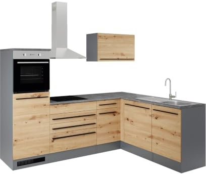 Jazz 6 Cucina angolare moderna senza elettrodomestici in antracite, effetto rovere artisano, spazioso angolo cottura a forma di L con ampio spazio di archiviazione, 260 x 200 x 60 cm (larghezza x
