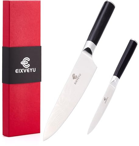 EIXVEYU Coltello da cuoco e coltello da frutta 2 pezzi, set di coltelli da cucina, coltello da cuoco professionale, coltello da verdure con motivo Damasco, coltello da intaglio, confezione regalo