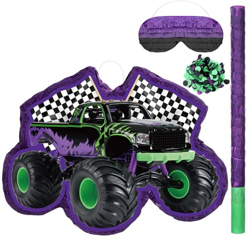 WinnerWhy Green and Purple Truck Piñata of Monster Piñata Race Car Bundle with a Blindfold and Confetti Birthday Party Supplies Small Racing for Construction Favors Decor