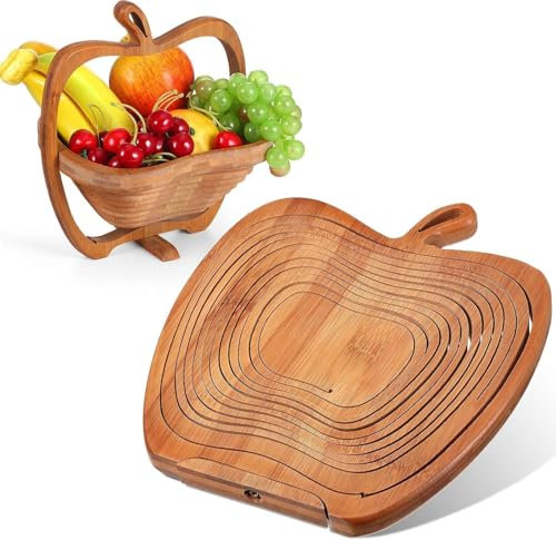 RAYMSTER Wooden Apple Basket With Handle Folding Bamboo Fruit Bowl Holder Basket & Non Slip Cutting Board For Vegetables New Traditional Multifunction Tool - (Pack of 1)