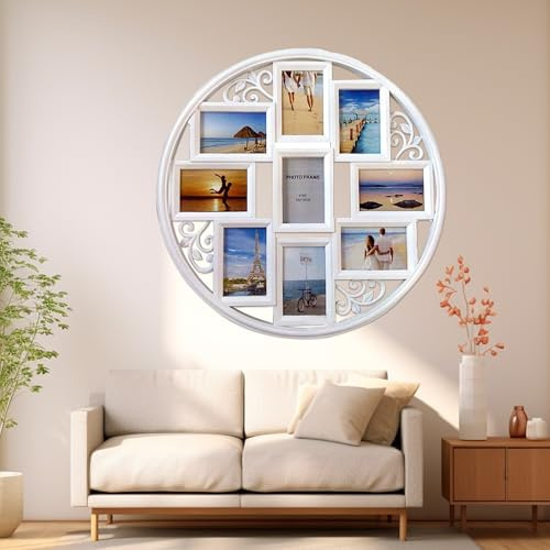 UUE Wand Fotorahmen Collage Set für 9 Bilder, Runden Fotorahmen für mehrere Fotos, Posterrahmen Collage Wanddeko für Zuhause und Büro, Weiß 52 * 52cm