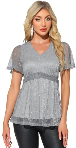 Allegra K Blusa Scintillante per Donna, Maniche Corte, Scollo A V, Peplo, Glitter, Party Club Top Grigio Argento S