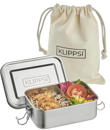 KLIPPSI® Edelstahl Brotdose 850ml – Auslaufsichere Lunchbox mit Trennwand, 100% BPA-frei, spülmaschinen- & backofenfest, robuste Edelstahl Lunchbox für Kinder & Erwachsene