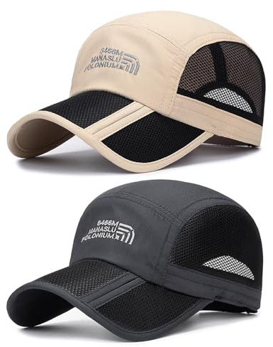 TAGVO 2-pack snabbtorkande baseballkeps unisex, UV-skydd sport löpning kepsar hatt - vikbar lätt andningsbar justerbar, utomhus solhatt för män kvinnor golf tennis fiske vandring klättring, Mörkgrå