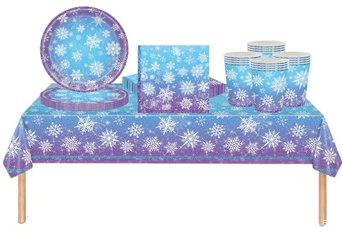 Set da tavola per feste di Natale, 53 pezzi, decorazione per la tavola, blu Natale neve 137 x 274 cm, grande tovaglia di plastica blu per feste invernali di Natale piatti di carta, bicchieri