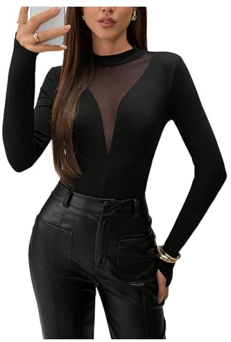 GORGLITTER Women's Mesh Sheer Mock Neck Tee Bodysuits Long Sleeve Sexy Party Club Leotards Top Black Small