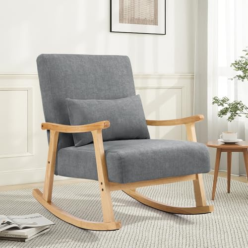 Aunekiv Mid-Century Modern Schaukelsessel mit Lendenkissen, Gepolsterter Stillsessel mit Holzarmlehnen & Holzbeinen, Bequemer Sessel für Wohnzimmer, Schlafzimmer & Babyzimmer, Dunkelgrau