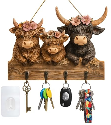 DtgEcd Highland Cow Key Holder, Wall Mounted Key Hooks with Decorative Highland Cow Ornaments, Sturdy Key Rack for Organized Key Storage