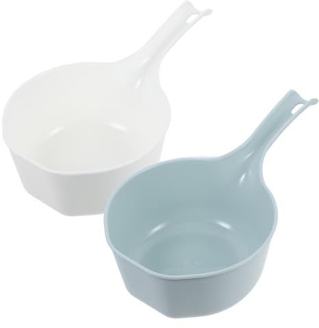 MUCKLILY Cucharones de Plástico 2 Piezas para Cocina y Baño Cucharón de Agua Grande Mango Cómodo Multiusos para Regar Plantas Lavar Frutas y Ducha Colores Blanco y Verde