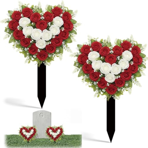 Frienda 2 Sets Artificial Cemetery Flowers with Ground Stake Heart Shaped Wreaths Rose Flowers Iron Decor for Grave Memorial, Tombstone Floristry Spike for Outdoors Yard Garden, 15.7x11.4 Inch