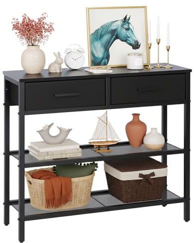 Panana Slim Console Table, Hallway Table with 2 Non-woven Drawers, 3-Tier Sofa Table with Storage for Small Spaces, Living Room, Office, L75xW24xH76.5cm, Black