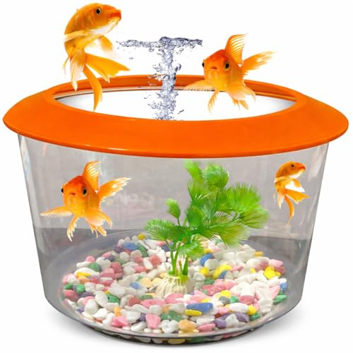 Pet Guru Premium Crystal Clear Fish Bowl Aquarium with Lid, Decorative Gravel and Plant Included, Durable Plastic, Perfect for Goldfish (Orange)