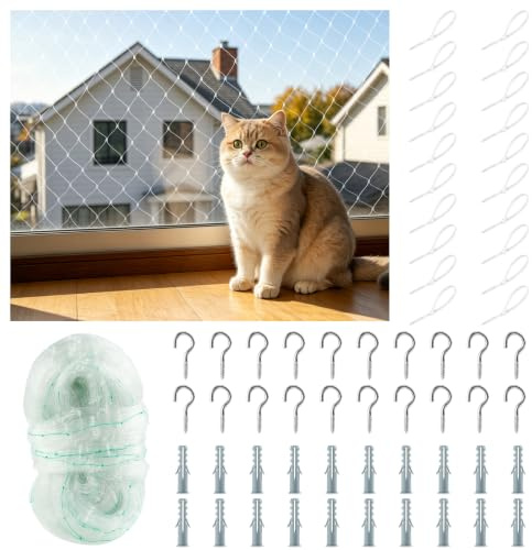 TEUYOE Cat Net for Balcony 3x6m, Nylon Cat Safety Net 2.5cm Mesh | Includes cable ties & screw hooks. Perfect for balcony, window, terrace & fence. Tear & bite resistant. Keeps your cat safe.