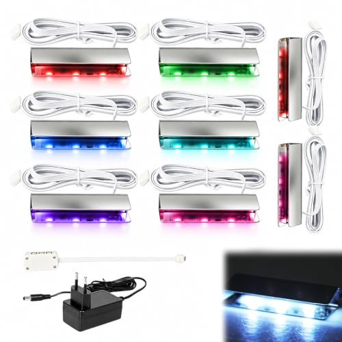 XPJBKC Glasbodenbeleuchtung Led, 8er Set RGB Farbwechsel 5050SMD Led Glaskantenbeleuchtung, Edelstahl Clips Glaskantenbeleuchtung, Vitrinenbeleuchtung Clip für Vitrine Schrank Tisch