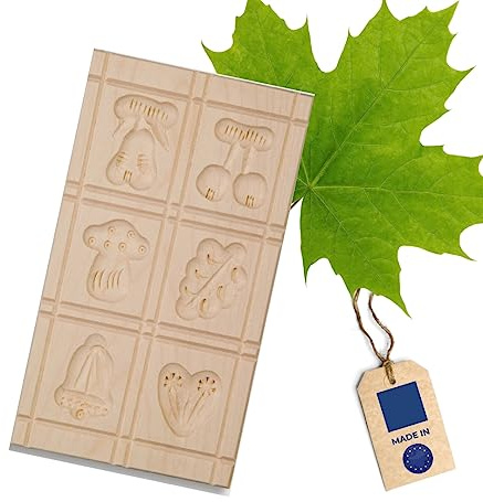 HOFMEISTER® Ausstechform Holz 6 Motive (Birne, Apfel, Kirsche, Trauben, Eichhörnchen und Pilz) – Plätzchen-Backform aus Ahornholz, handgefertigt in Deutschland (1 Stück)