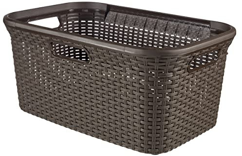 Curver Panier à Linge 45L Style -Bac à Linge Propre et Sale - Aspect Rotin Texturé - Bonne Aération - Poignées Ergonomiques - Corbeille pour Salle de Bain ou Buanderie - 59,2x38x27 cm - Chocolat