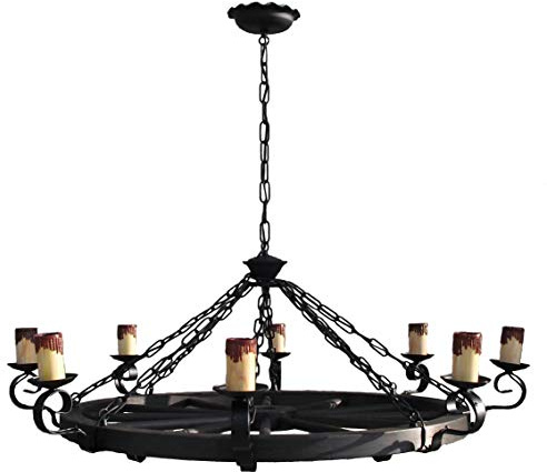 Lámpara rustica grande con rueda de carro 8 luces. Diámetro 105 cm. Lampara colgante de forja