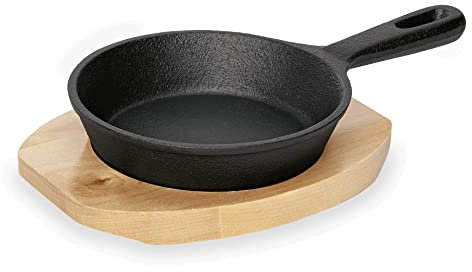 6 x Sartén de hierro fundido, con posavasos de madera, no apto para lavavajillas, muy resistente, gran retención de calor, ideal para servir/diámetro 13 cm