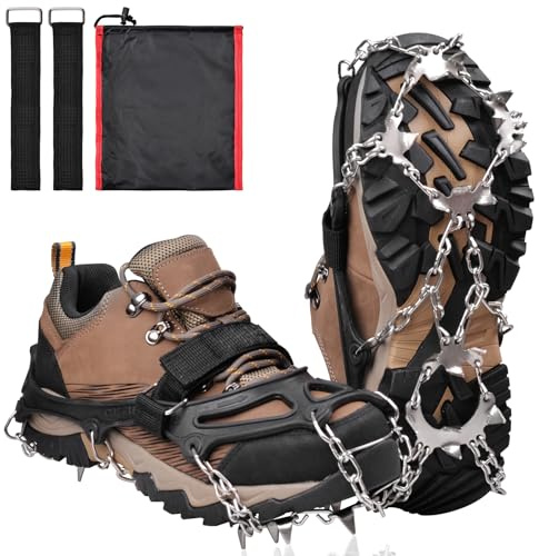 Crampons 19 Spikes Shoes Anti Slip Ice Cleats for Shoes and Boots, Traction Snow Cleats Crampons for Hiking Boots Women Men Safe Protect for Winter Walking Hiking Ice Fishing, Size L