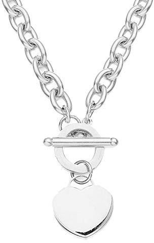 WangGao Elegent Love Stainless Steel Link Chain Blank Heart Charms Necklace for Women Toggle Clasp Closure,Silver…