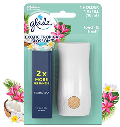 Glade Touch & Fresh Air Freshener Holder and Refill, Touch Activated Odour Eliminator for Bathroom & Home, Tropical Blossoms, 1 Starter Kit, (1 x Holder and 1 x 10ml Refill)
