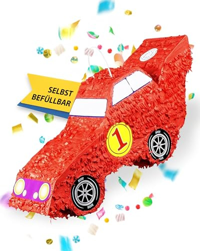 Boland – Pinata Rennwagen rot für Jungen & Mädchen zum Befüllen & aufhängen – Schlag-Piñata als Party Deko in 55x23 cm für Geburtstag & Mottopartys – Partyspiel Motiv-Pinjata für Kinder