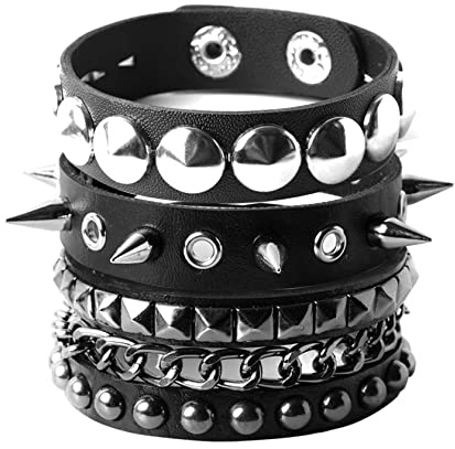 Eigso 3 Pcs Bracelet Gothique Punk Pu Cuir Avec Rondes Et Clous Carrés Fermeture Bouton Femme M.