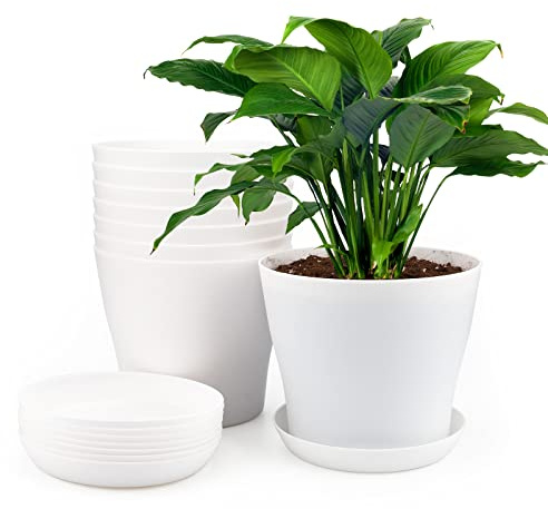 KINGLAKE 8 Stück 17cm Blumentöpfe Pflanztöpfe Klein, übertopf Pflanztopf Anzucht Plastik mit Untersetzer, Blumentopf Kunststoff Set, Topf Kleine Flower Pot für Pflanzen Kakteen Sukkulenten-Weiss