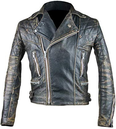 Aksah Fashion Cafe Racer Vintage Motocicleta Antigüedad Negro Biker Chaqueta De Cuero Hombre, Piel auténtica., L