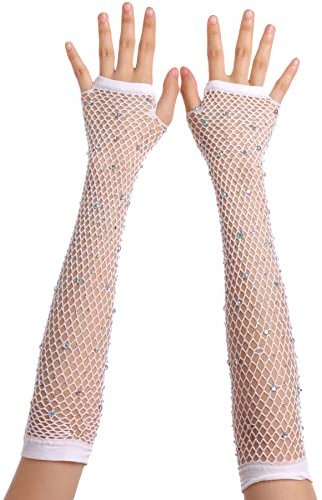 OTPEH Fischnetz-Handschuhe für Damen, fingerlos, Fischnetz, Armstulpen, 80er-Jahre, Emo-Szenen-Zubehör, Weiss/opulenter Garten, Einheitsgröße