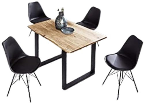 SAM 5tlg. Essgruppe Billy 140 x 75 cm, Akazienholz massiv, naturfarben, Baumkantentisch mit U-Gestell in Schwarz + 4x Schalenstuhl Lerche in Schwarz