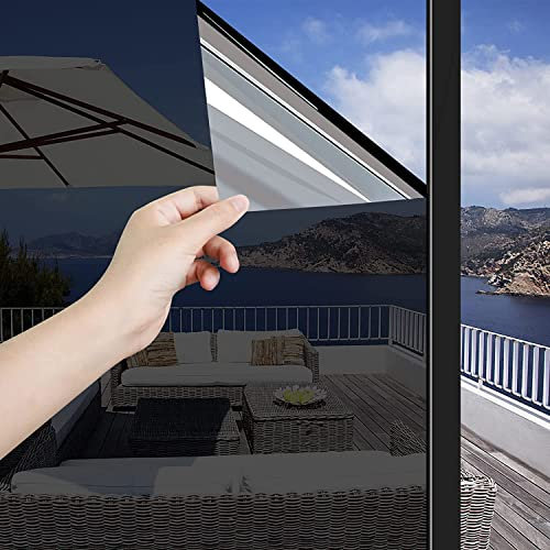Hoonng Fensterfolie von Innen Durchsichtig von Aussen Blickdicht Schwarz Spiegelfolie Sonnenschutz Selbsthaftend Sichtschutz, 44.5x200cm