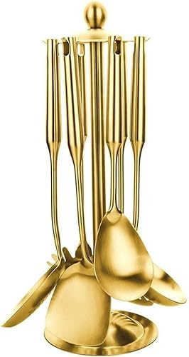 Kitchen Utensils Set,7Pcs Gold Spoons Stainless Steel Soup Shovel with Rack Cookware Kitchen Utensils Cooking Tools Home Restaurant Accessories