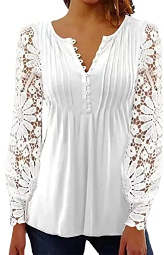 Onsoyours Chemisier Femme Sexy Chic Hauts À Manches Longues Dentelle Ample Tunique Blouse Elégante Mode Col V Shirt Tops Imprimé Automne Pullover B Blanc XXL
