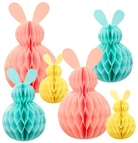 Eambrite 6PCS Easter Hanging Decorations Spring Honeycomb Paper Ball Easter Bunny Decorations, Easter Tree Decorations Hanging Paper Ornaments for Home Party (Pink, Blue, Yellow)